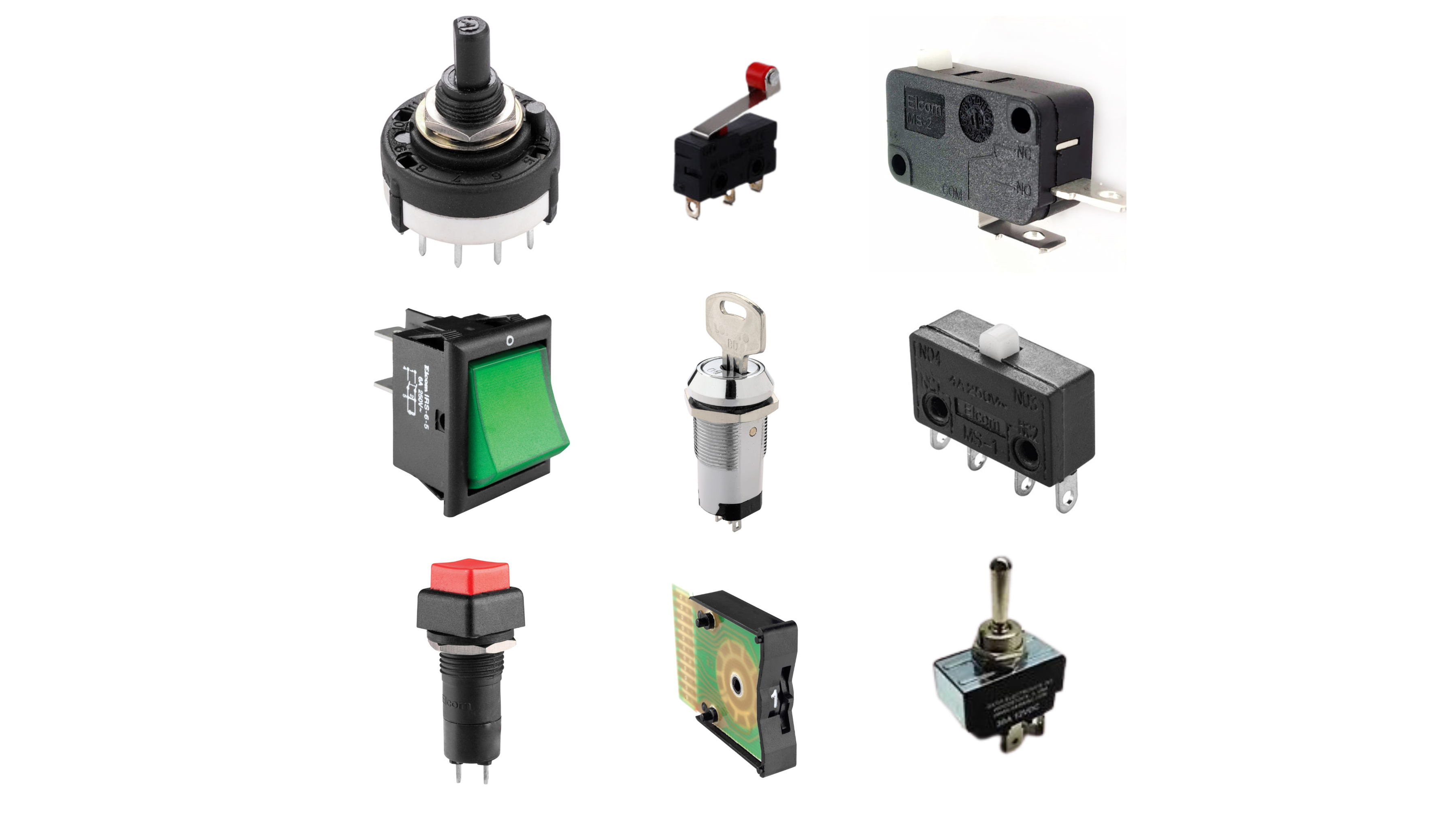 Key lock switches, Micro switch, Push button, Push coder switch, Rocker Switch, Rotary switche