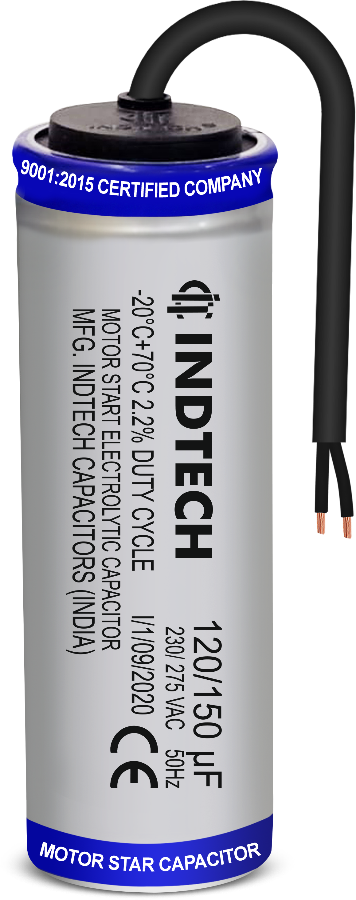 120x150 Mfd Indtech AC Capacitor For Motor Starting Capacitor Aluminium Body wire type